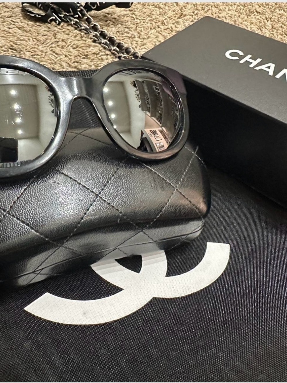 CHANEL Black Oversized Round Sunglasses with Chain Strap